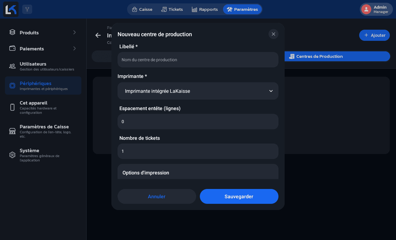 Formulaire Nouveau centre de production avec libellé, imprimante associée, espacement entête, nombre de tickets et options d'impression