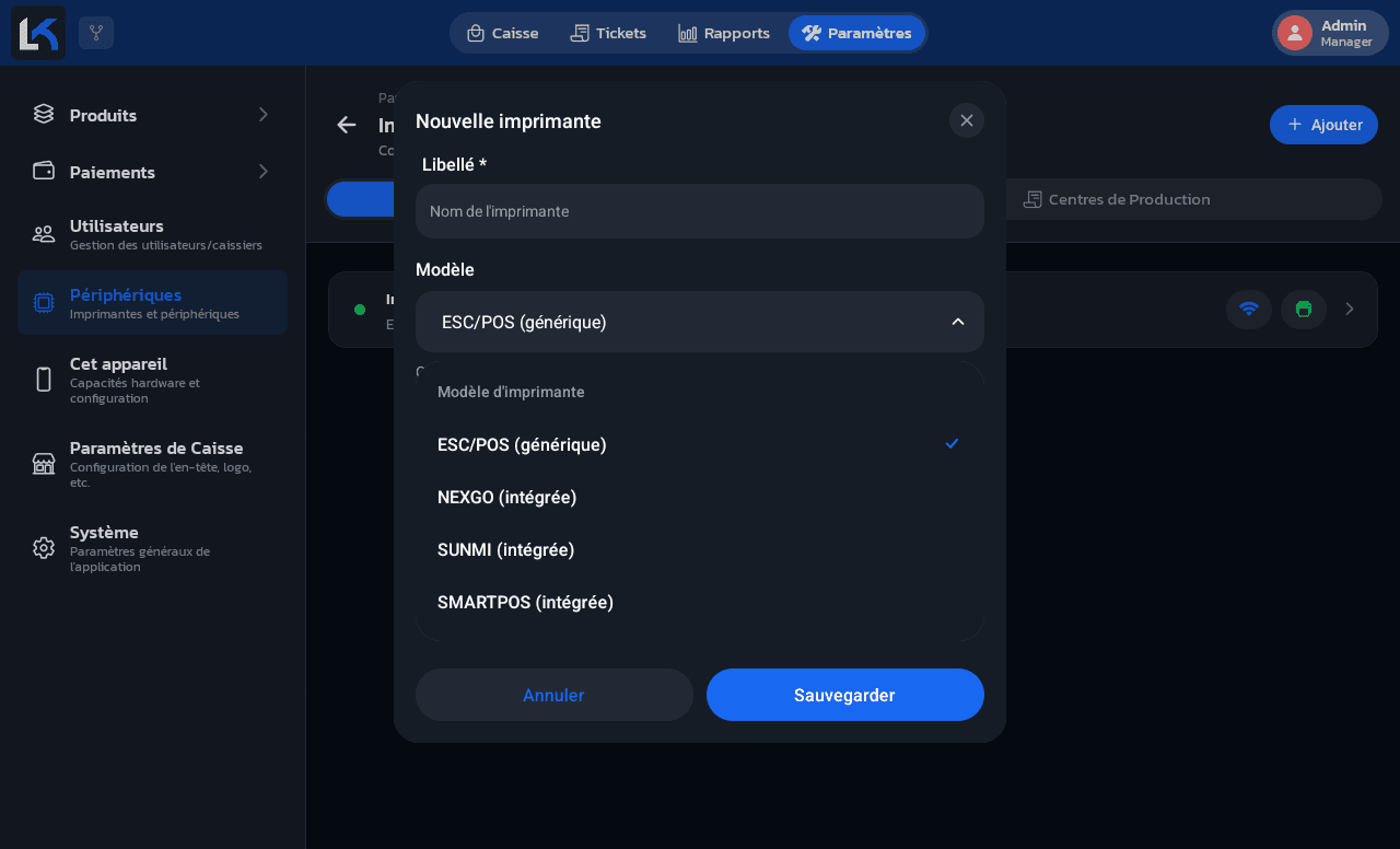 Formulaire Nouvelle imprimante avec le sélecteur de modèle ouvert : ESC/POS (générique), NEXGO, SUNMI et SMARTPOS (intégrée)