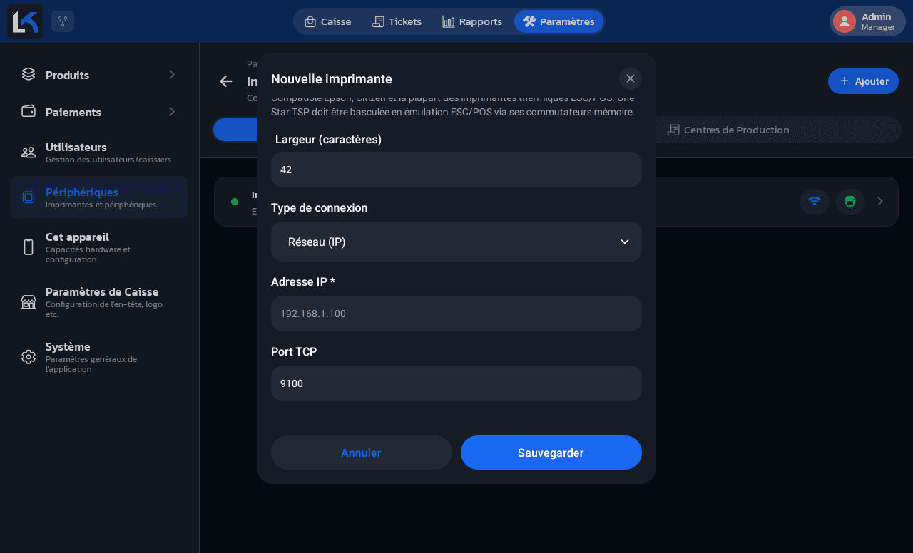 Formulaire avec Type de connexion Réseau (IP) : champs Adresse IP et Port TCP