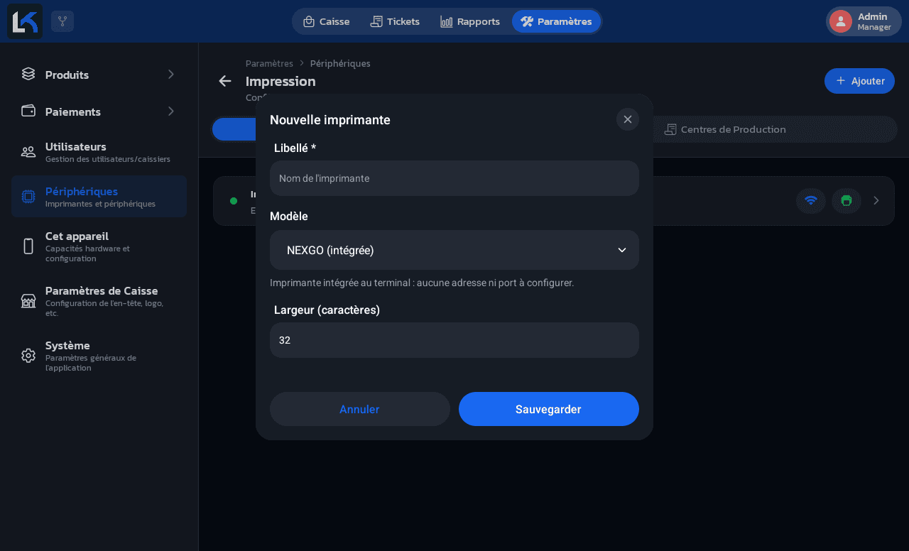 Formulaire avec le modèle NEXGO (intégrée) sélectionné : le champ Type de connexion a disparu, message 'Imprimante intégrée au terminal, aucune adresse ni port à configurer'