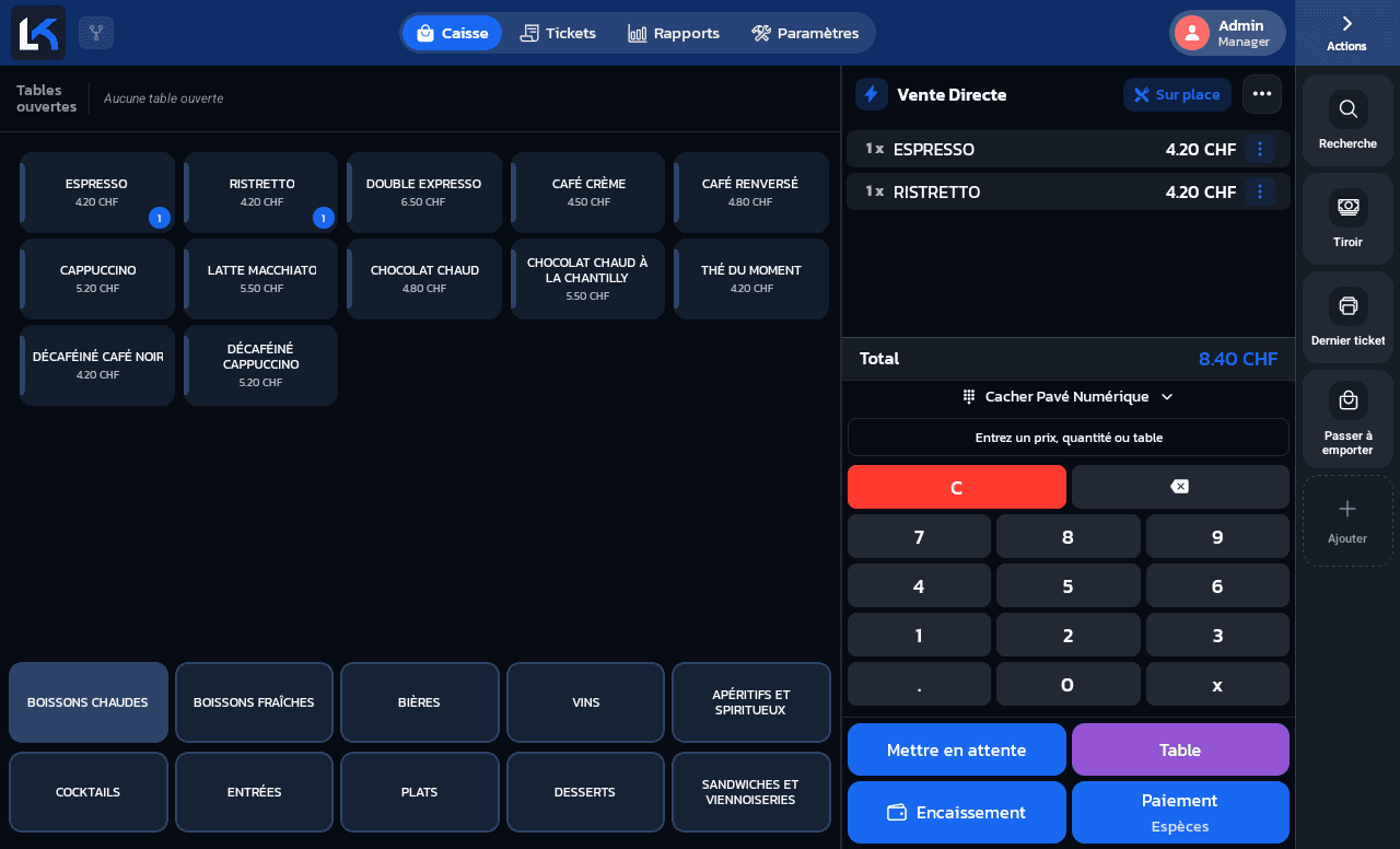 Écran Caisse sur tablette, avec la zone Articles à gauche et la zone Ticket à droite