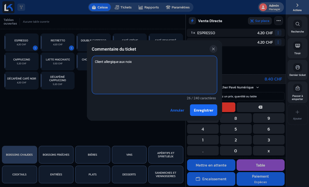 Fenêtre Commentaire du ticket avec compteur de caractères