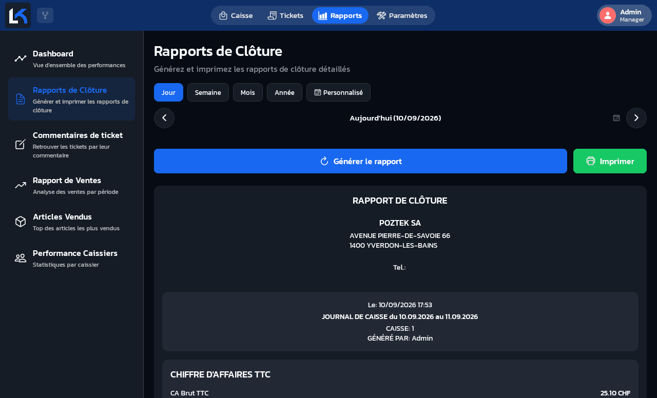 Rapport de Clôture généré pour la journée du 10.09.2026, en-tête Poztek SA et chiffre d'affaires brut TTC de 25.10 CHF