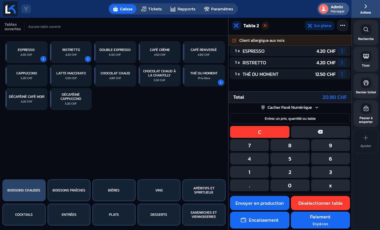 Ticket affecté à la Table 2, avec les boutons Envoyer en production et Désélectionner table