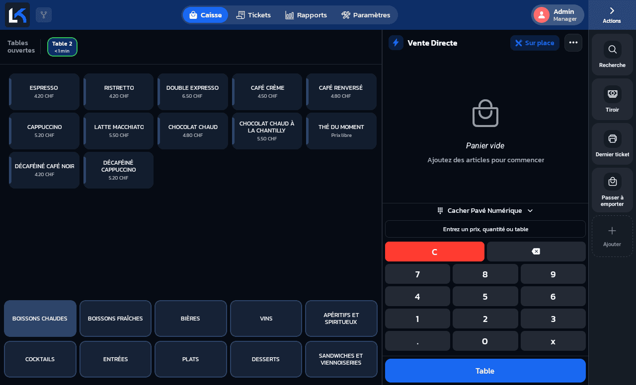 Zone Ticket vidée après l'envoi en production, avec le chip Table 2 dans la barre Tables ouvertes