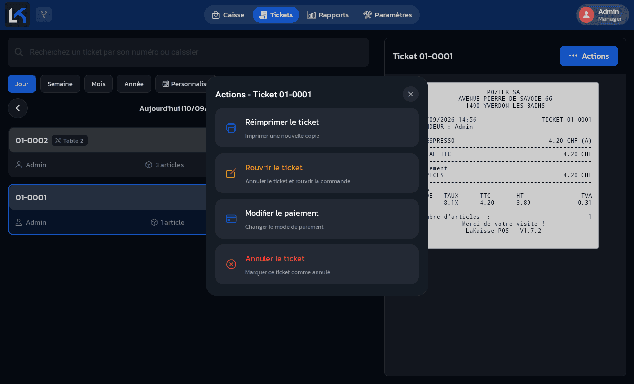 Menu Actions d'un ticket avec Réimprimer le ticket, Rouvrir le ticket, Modifier le paiement et Annuler le ticket