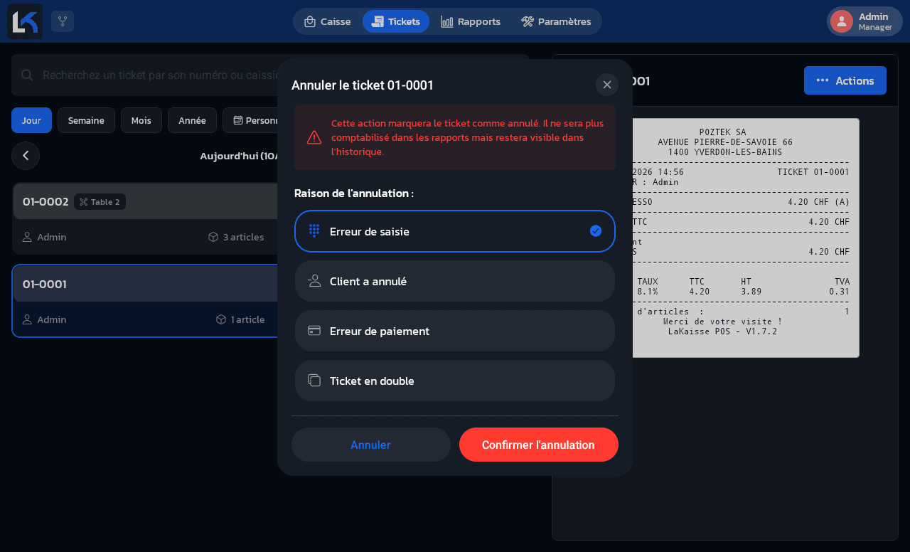 Fenêtre Annuler le ticket avec les motifs Erreur de saisie, Client a annulé, Erreur de paiement, Ticket en double