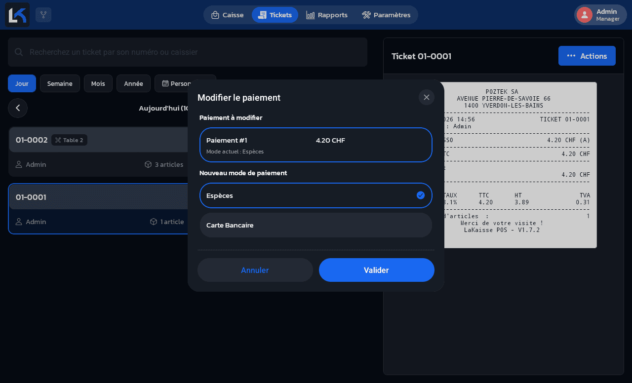 Fenêtre Modifier le paiement avec le paiement actuel en Espèces et le choix d'un nouveau mode de paiement