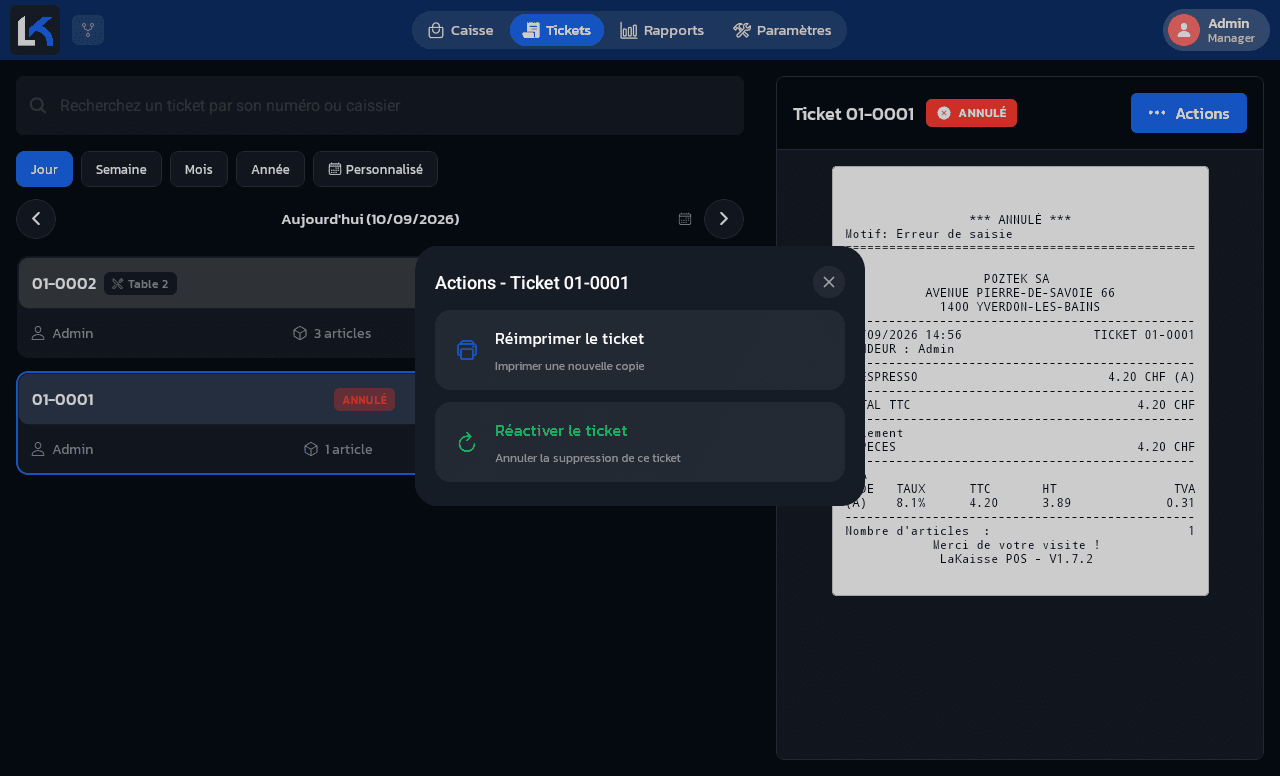 Menu Actions d'un ticket annulé avec Réimprimer le ticket et Réactiver le ticket