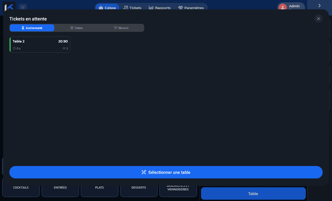 Liste des tickets en attente, avec la Table 2 et son montant