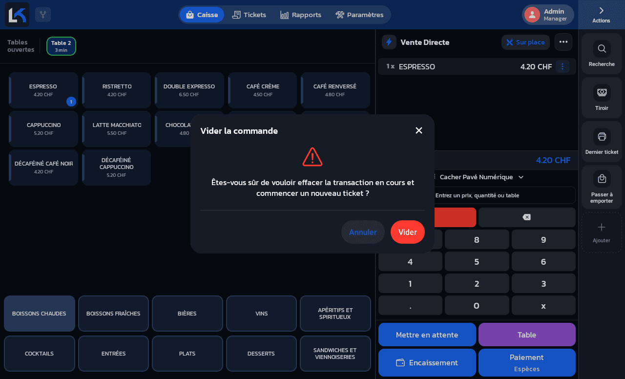 Confirmation Vider la commande avant d'effacer le ticket en cours