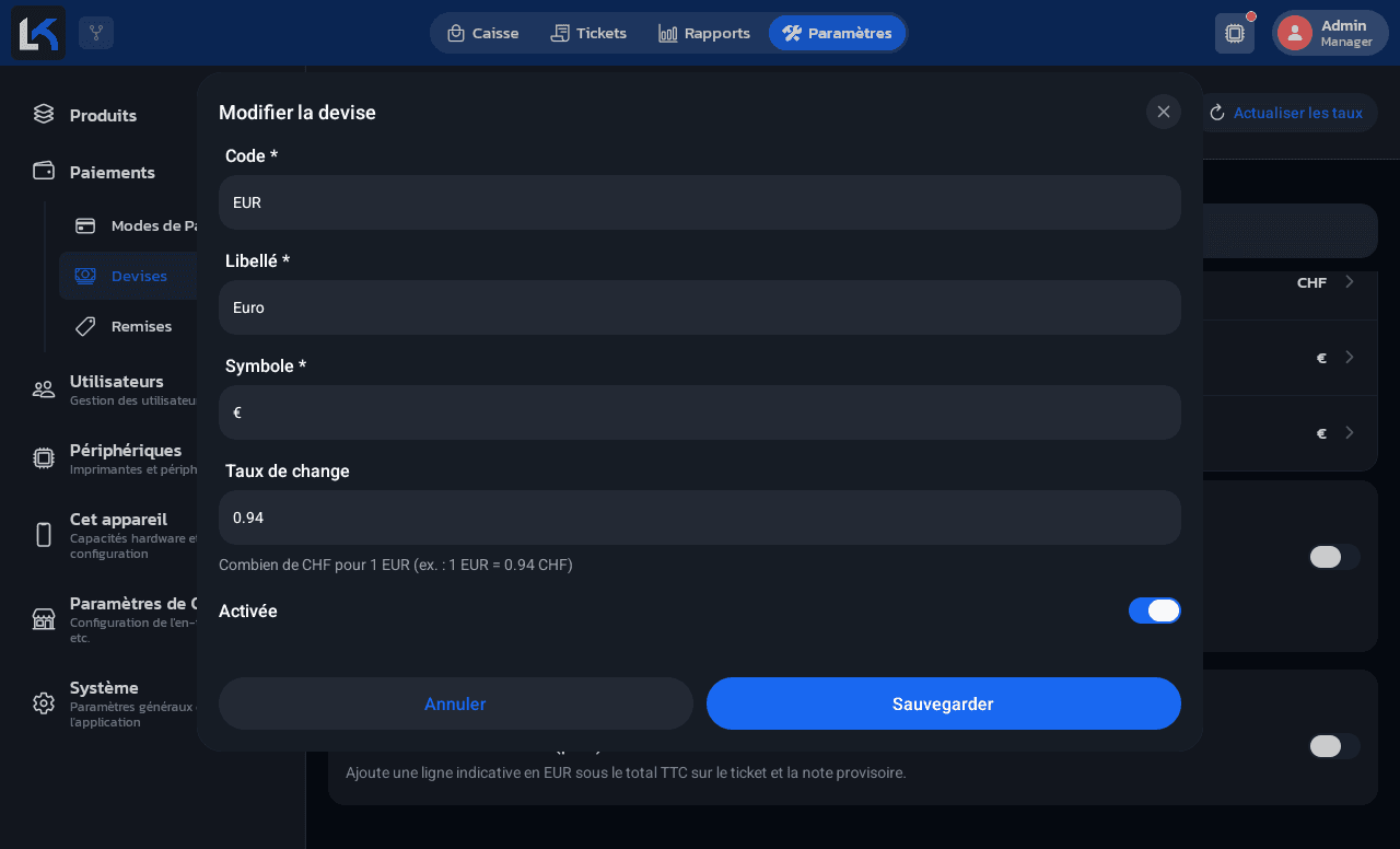 Modal Modifier la devise pour l'Euro avec les champs Code, Libellé, Symbole, Taux de change et l'interrupteur Activée