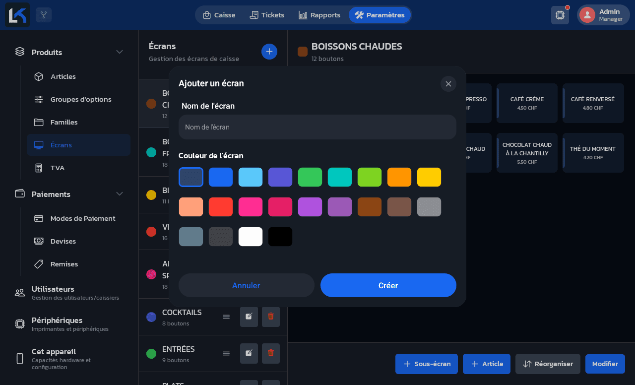 Formulaire Ajouter un écran avec le champ Nom de l'écran et la palette de 22 couleurs