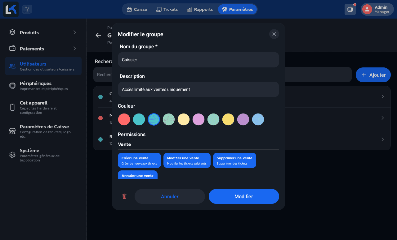 Modal Modifier le groupe pour Caissier, avec sa description et les quatre permissions de la catégorie Vente activées