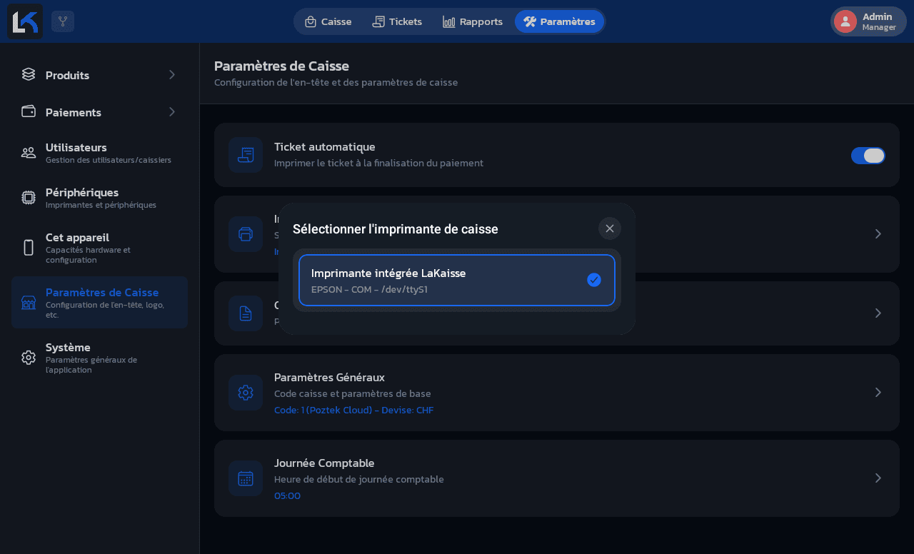 Modal Sélectionner l'imprimante de caisse, avec une imprimante cochée et son modèle/connexion affichés