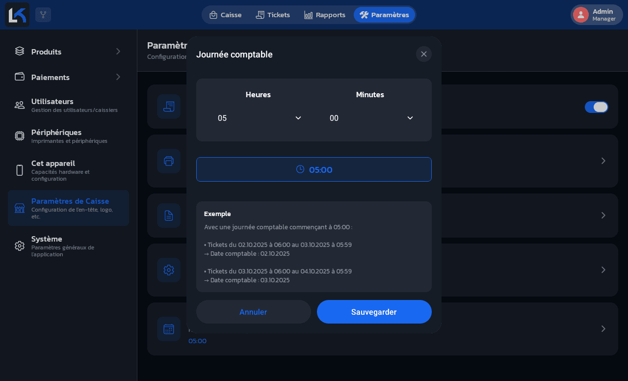 Modal Journée comptable avec les sélecteurs Heures/Minutes et un exemple de rattachement des tickets