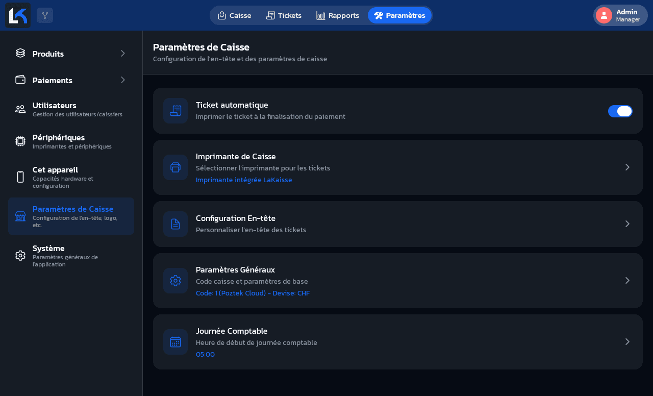 Écran Paramètres de Caisse avec les cartes Ticket automatique, Imprimante de Caisse, Configuration En-tête, Paramètres Généraux et Journée Comptable