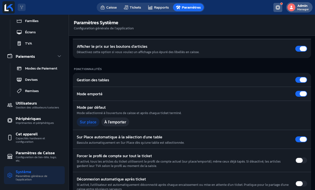 Bloc Fonctionnalités avec Gestion des tables, Mode emporté, Mode par défaut et Sur Place automatique