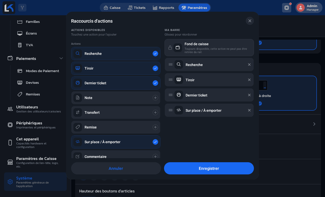 Modal Raccourcis d'actions avec la liste des actions disponibles à gauche et Ma barre à droite
