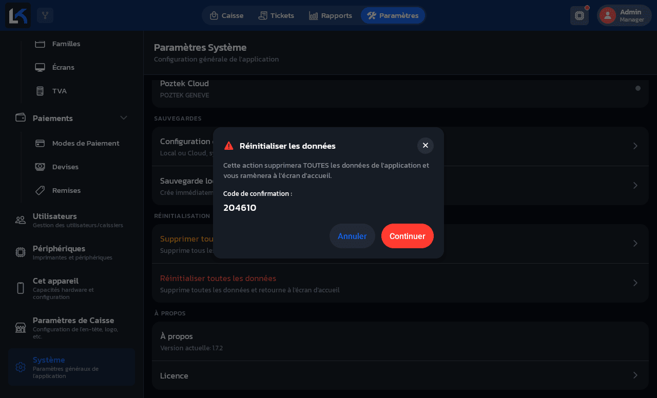 Modal Réinitialiser les données avec un code de confirmation à 6 chiffres et les boutons Annuler / Continuer