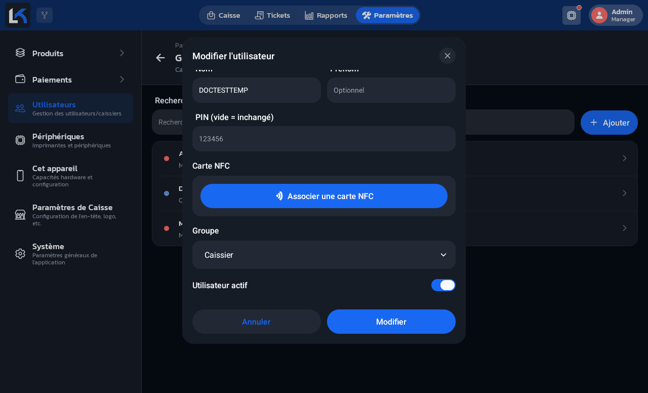 Formulaire Modifier l'utilisateur avec le champ PIN (vide = inchangé), le bouton Associer une carte NFC et le sélecteur de groupe