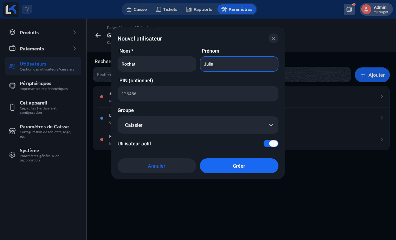 Formulaire Nouvel utilisateur avec le nom, le PIN optionnel, le groupe Caissier et le statut Utilisateur actif