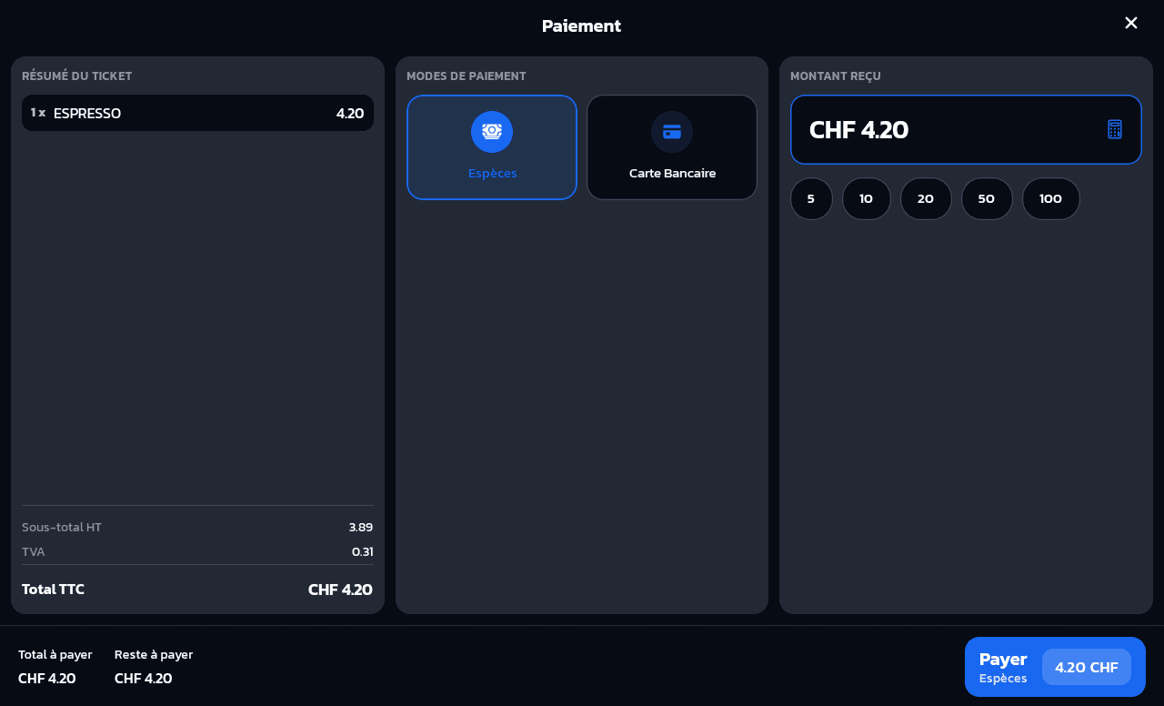 Modal d'encaissement avec choix du mode de paiement