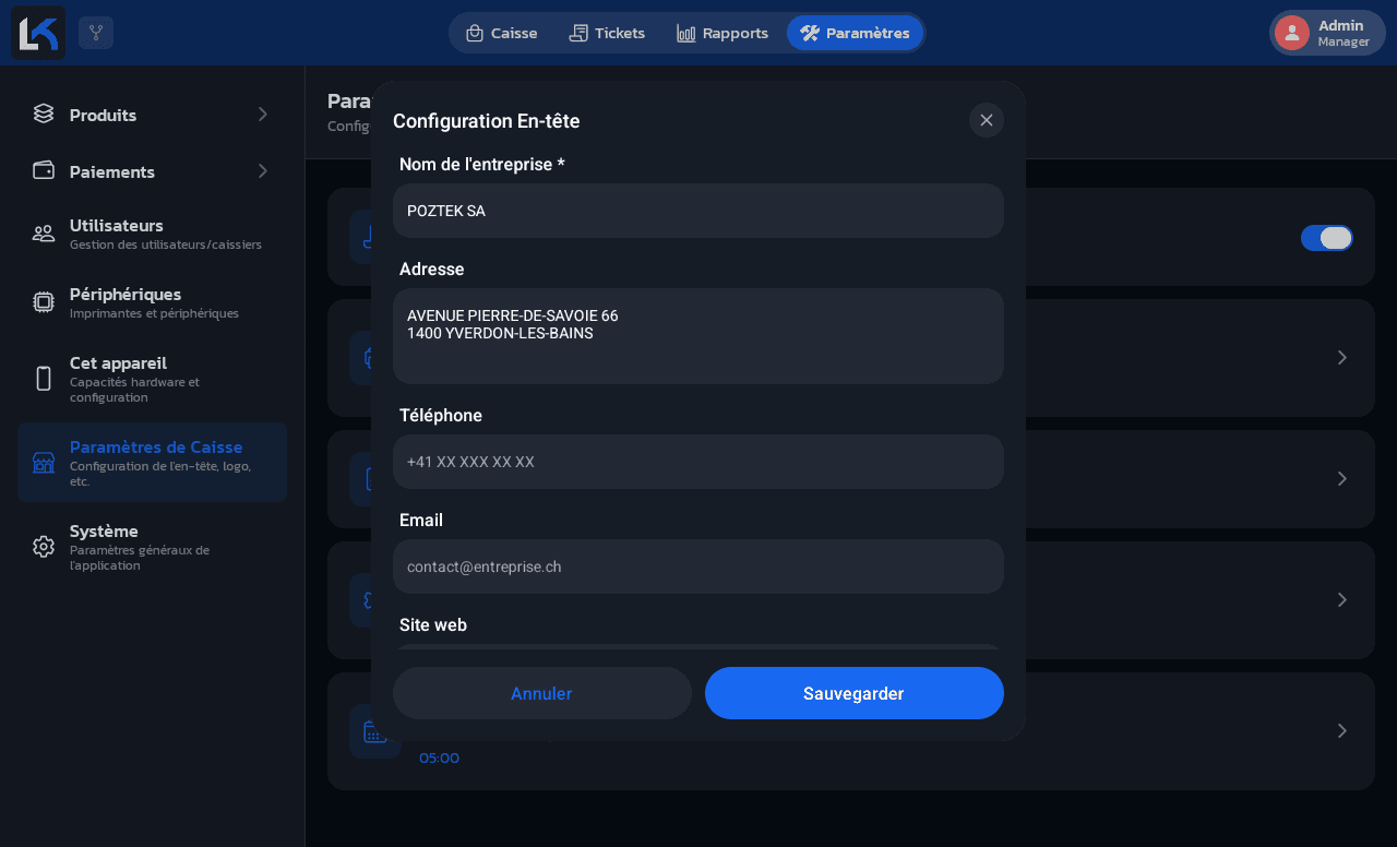 Formulaire Configuration En-tête avec les informations de l'entreprise