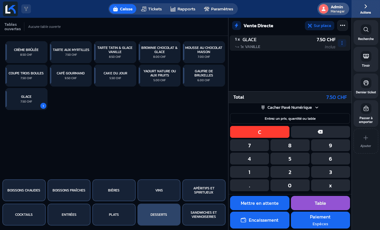 Ligne GLACE dans le ticket avec la sous-ligne 1x VANILLE Inclus