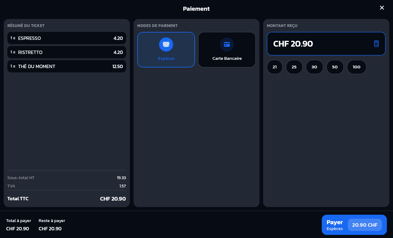 Fenêtre Paiement avec le résumé du ticket, le choix du mode Espèces ou Carte Bancaire, et le montant reçu
